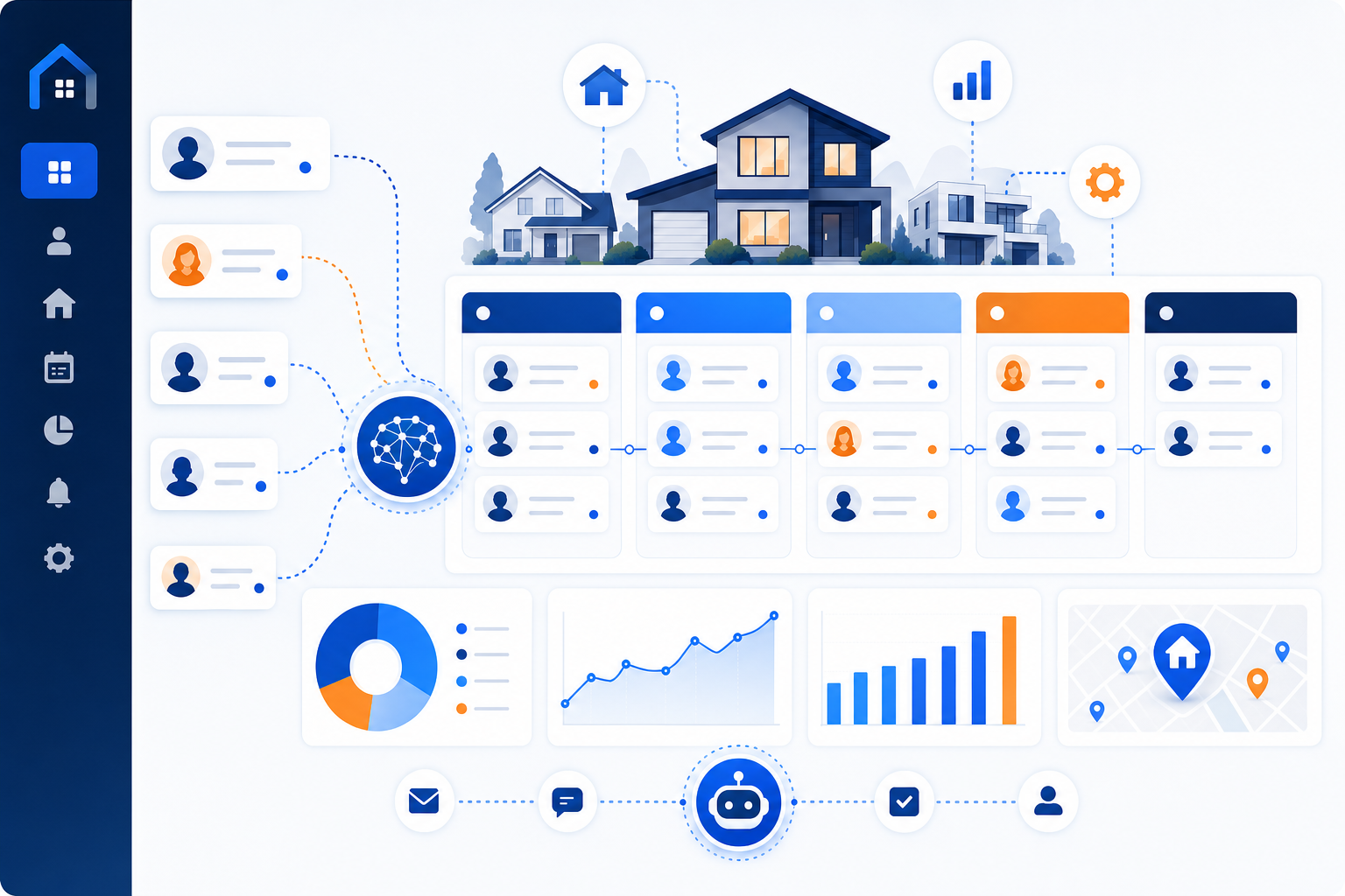 A real estate CRM dashboard organizing contacts into an AI-prioritized pipeline
