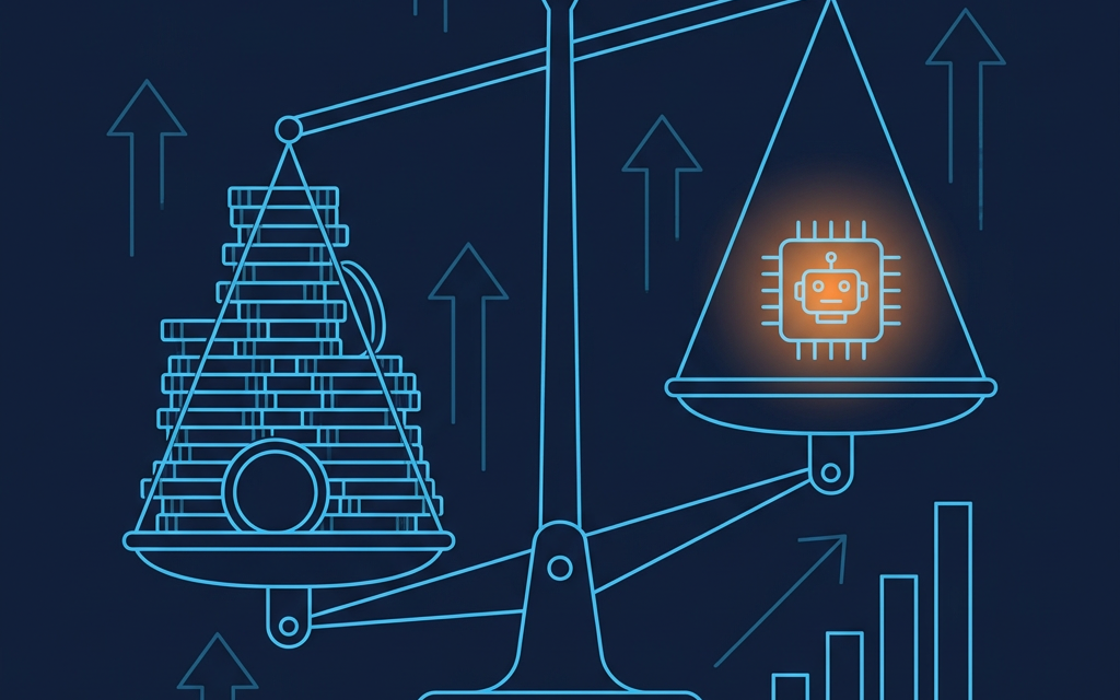 Balance scale weighing a tall stack of coins against a small glowing AI chip, tipping toward AI, with rising charts - representing AI ISA return on investment