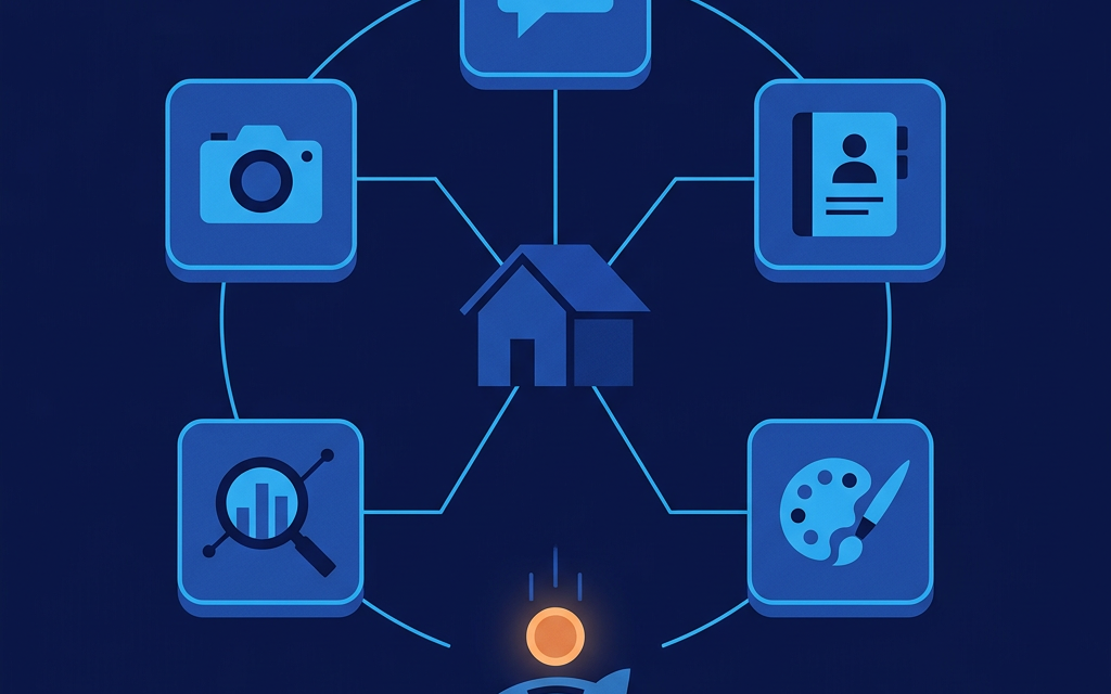Illustration of a house icon connected to a ring of AI app tiles with a piggy bank, representing an affordable AI tool stack for a new real estate agent