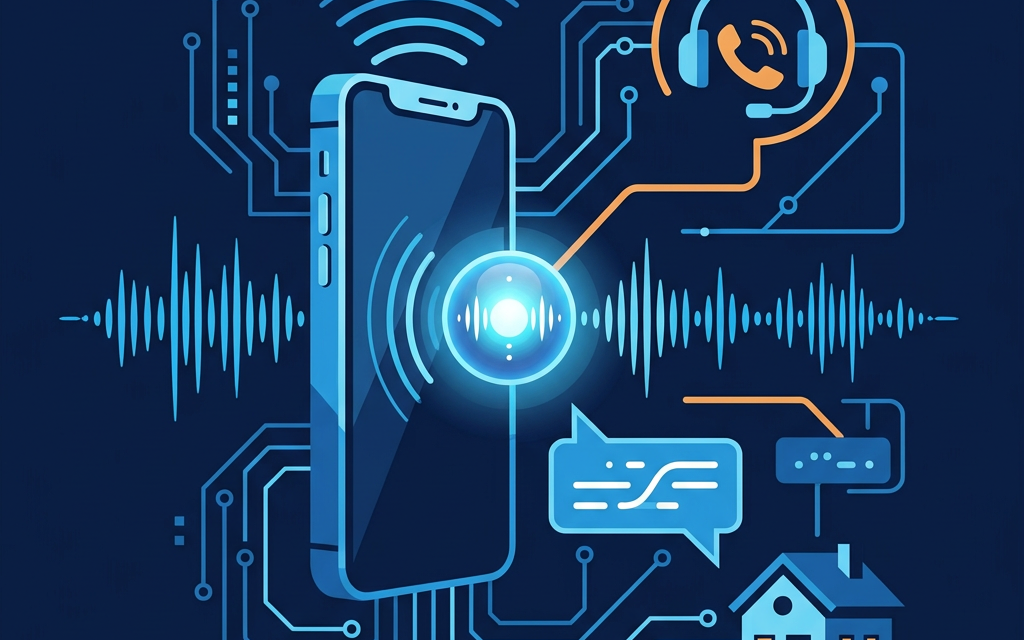 Flat illustration of an AI voice assistant handling a real estate phone call with sound waves, a headset, and a house icon
