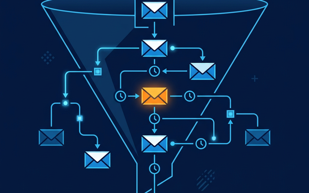 Flat illustration of an automated email drip funnel with envelope icons flowing through branching automation logic down to a house icon