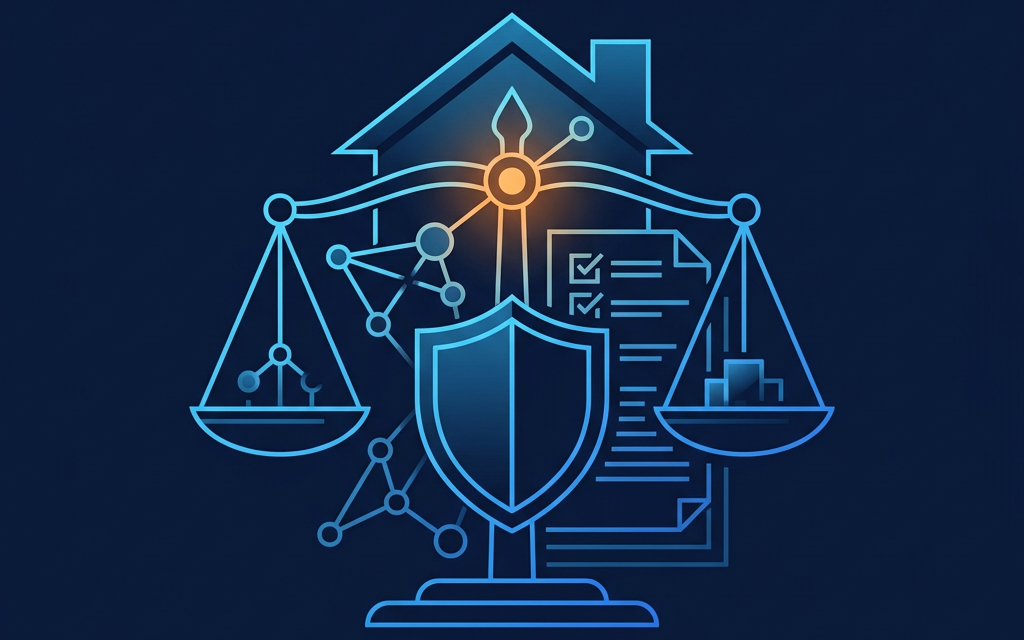 Illustration of scales of justice, a house, a shield and a compliance checklist connected by neural-network nodes, representing fair-housing compliance with AI in real estate