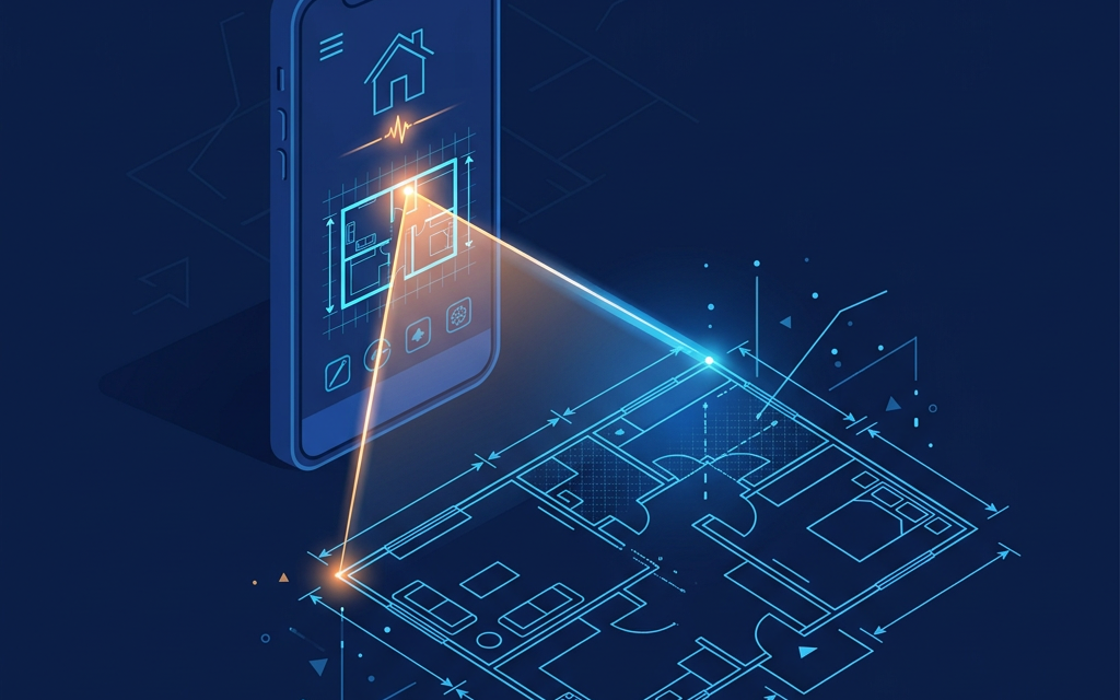 Illustration of a smartphone scanning a home and generating a measured 2D floor plan, representing AI floor-plan tools for real estate listings
