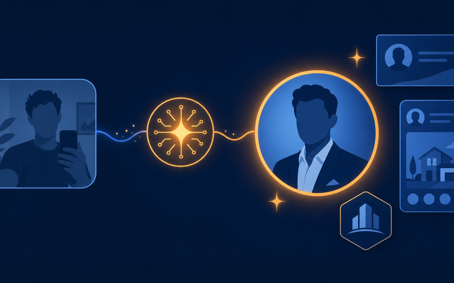 A casual selfie transformed through an AI node into a polished professional headshot surrounded by business card, social profile, and logo brand elements