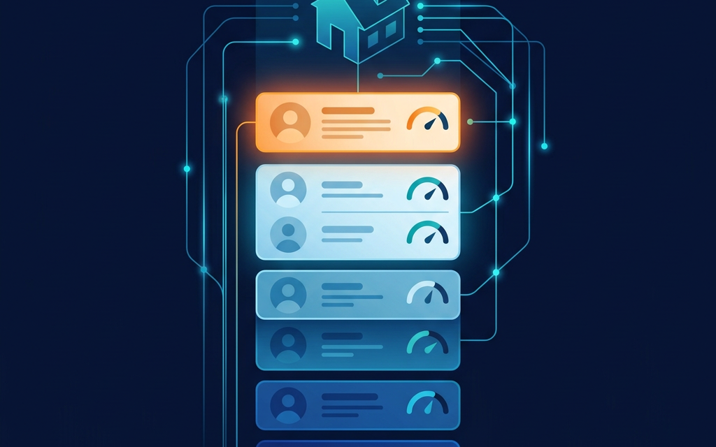 Illustration of a ranked list of contact cards with score gauges, top card highlighted, representing AI lead scoring in real estate
