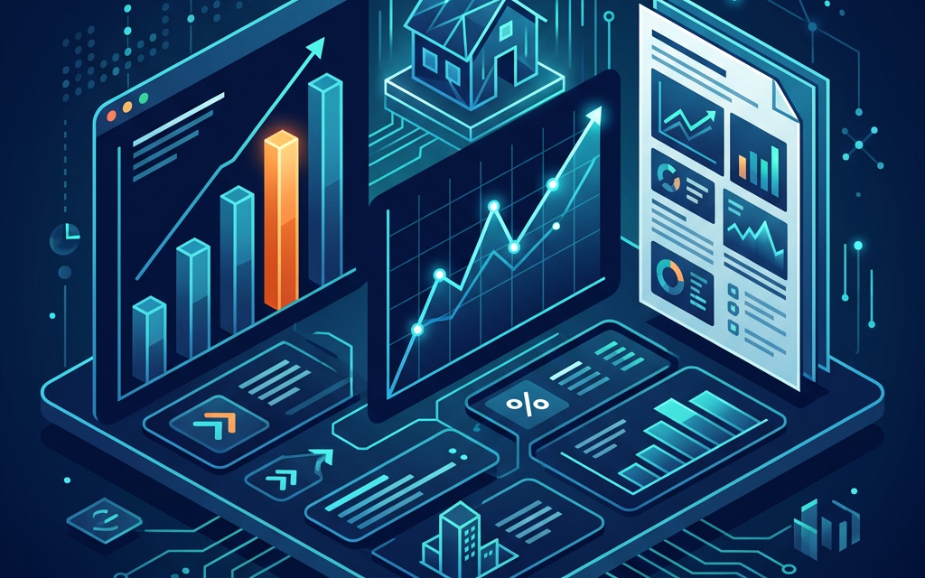 Flat illustration of a real estate market data dashboard with charts, a house icon, and a comparative market analysis report