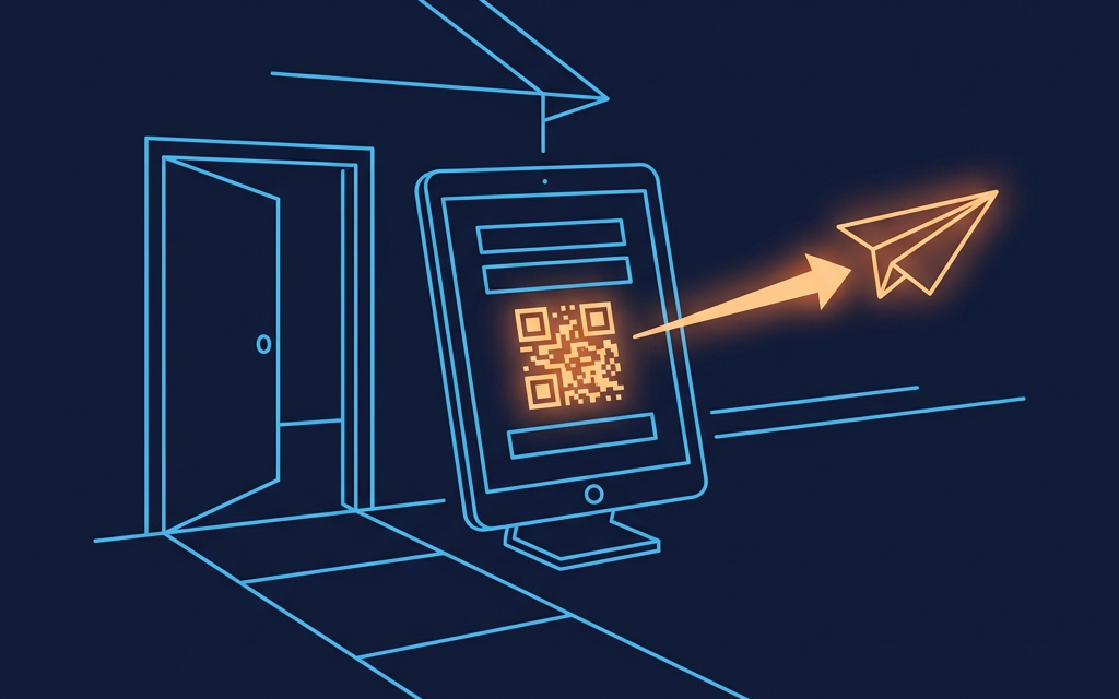 Tablet showing a QR-code open house sign-in form beside an open front door, with a follow-up message icon flying out - representing instant automated follow-up