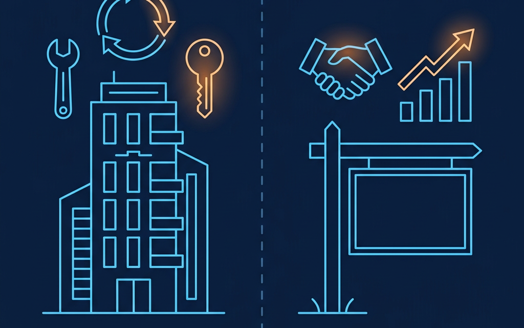 Split illustration contrasting property management icons (building, wrench, key, recurring cycle) with sales agent icons (yard sign, handshake, rising chart)