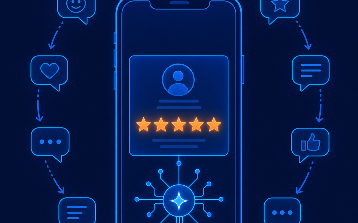 Smartphone showing a five-star client review with automated AI review requests flowing around it