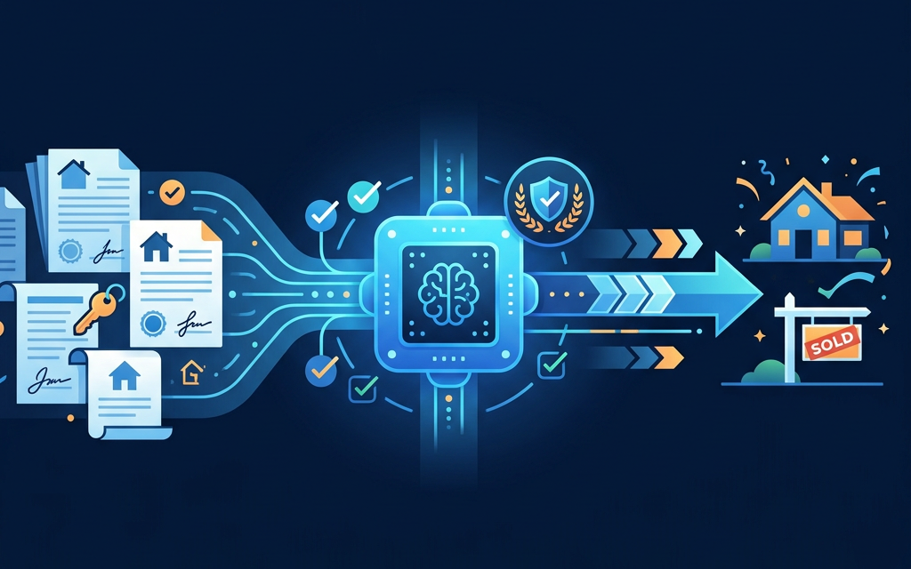 AI automating real estate transaction coordination — documents flowing into an AI hub with compliance checks and a closed deal