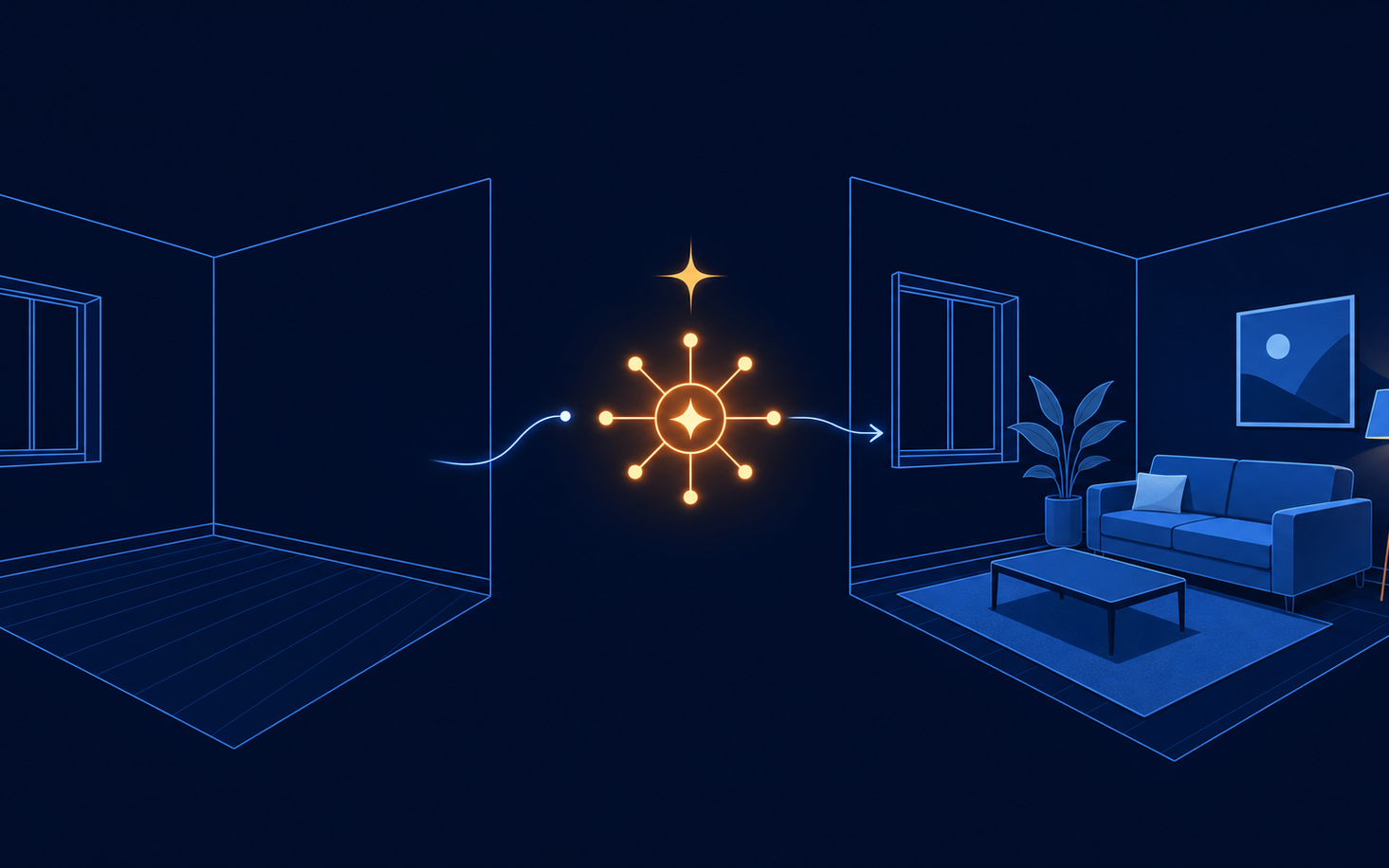 An empty room transformed by AI into a furnished, staged living room