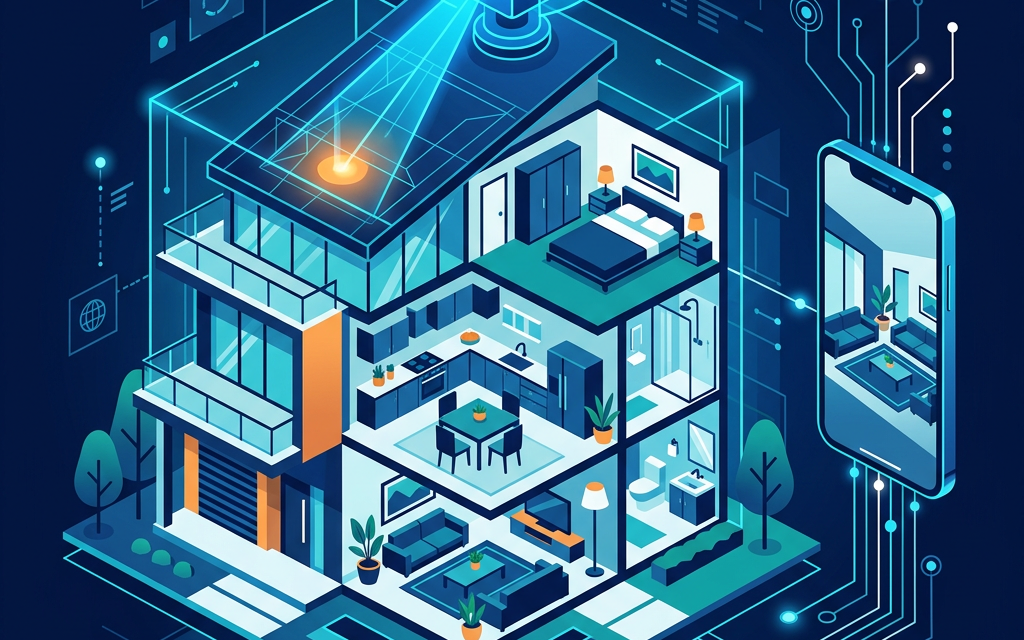 Flat isometric illustration of a 3D virtual home tour with a dollhouse cutaway, a 360 scanning camera, and a smartphone walkthrough
